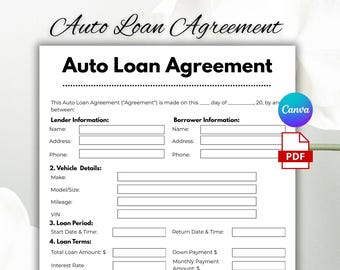 One Page Auto Loan Agreement, Editable Loan Contract Template, Simple Auto Finance Plan Form Template, Car Payment Agreement for Personal