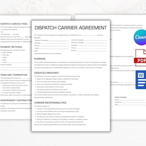 May include: A Dispatch Carrier Agreement document with sections on service fees, payment methods, and terms. The document includes the text "Dispatch Carrier Agreement" and is accompanied by Canva, PDF, and Word icons.