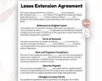Editable Lease Renewal Agreement, Residential Lease, Landlord Template Lease Extension Agreement, Lease Extension Contract, Lease Agreement
