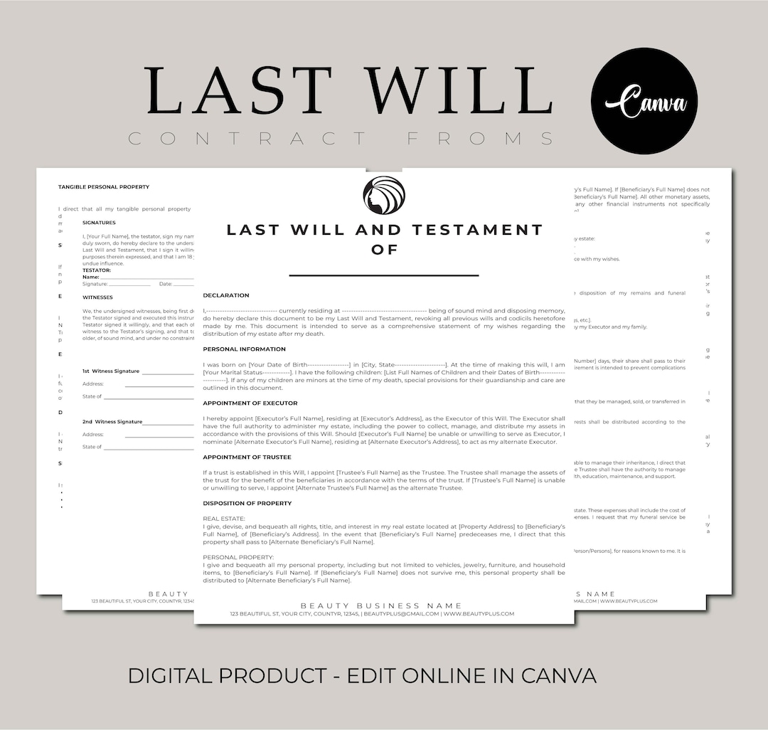 Last Will and Testament, Printable Last Will and Testament Form, Legal ...