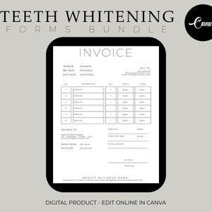 May include: Black and white digital invoice template for teeth whitening services. The template includes fields for invoice number, date, due date, description, quantity, price, total, subtotal, taxes, and total amount. The template also includes a section for the business name and contact information.