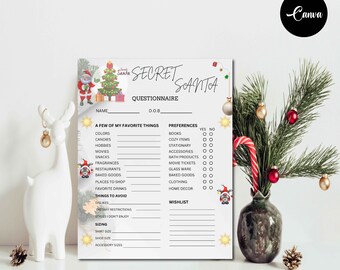 Könnte beinhalten: Ein druckbarer Fragebogen für den Secret Santa mit einem festlichen Weihnachts-Thema. Der Fragebogen enthält Abschnitte für Name, Geburtsdatum, Lieblingsdinge, Präferenzen, Dinge, die zu vermeiden sind, Größenangaben und eine Wunschliste.