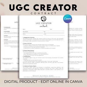 May include: A black and white contract template for a UGC Creator. The template includes sections for the company, creator, scope of services, content requirements, compensation, and intellectual property rights. The text "UGC Creator Contract" is at the top of the document.