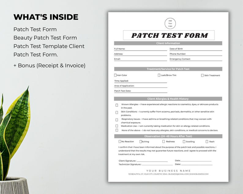 May include: A white Patch Test Form with the title at the top. The form includes sections for client information, treatment, allergies, and observations. Text on the left side says "WHAT'S INSIDE".