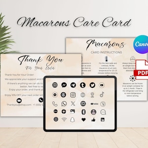 Könnte beinhalten: Ein digitales Tablet zeigt Social-Media-Icons neben zwei Karten. Auf einer Karte steht „Vielen Dank für Ihre Bestellung“ und auf der anderen „Macarons-Kartenanweisungen“. Die Karten haben einen Aquarellhintergrund. Das Bild trägt die Bezeichnung „Macarons Care Card“.
