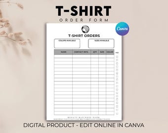 Plantilla editable de formulario de pedido de camisetas, formularios para empresas de camisetas, formulario de pedido de artesanías, formulario de pedido para pequeñas empresas, formulario de pedido de camisetas personalizadas, factura