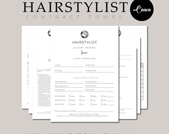 May include: A black and white printable hairstylist client intake form with the text "HAIRSTYLIST CLIENT INTAKE form" and "CLIENT INFORMATION". The form includes sections for client information, appointment details, and a space for the beauty business name.
