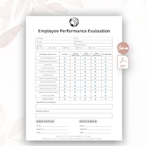 Pode incluir: Um formulário branco de avaliação de desempenho de funcionários com um logotipo preto no topo, seções para detalhes do funcionário e gerente, uma grade para medição de desempenho e áreas para desenvolvimento e comentários.
