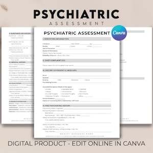 Pode incluir: Um formulário digital de avaliação psiquiátrica com seções para histórico médico e informações de identificação. O formulário branco tem texto preto e o logotipo Canva. As palavras "Avaliação Psiquiátrica" estão no topo.