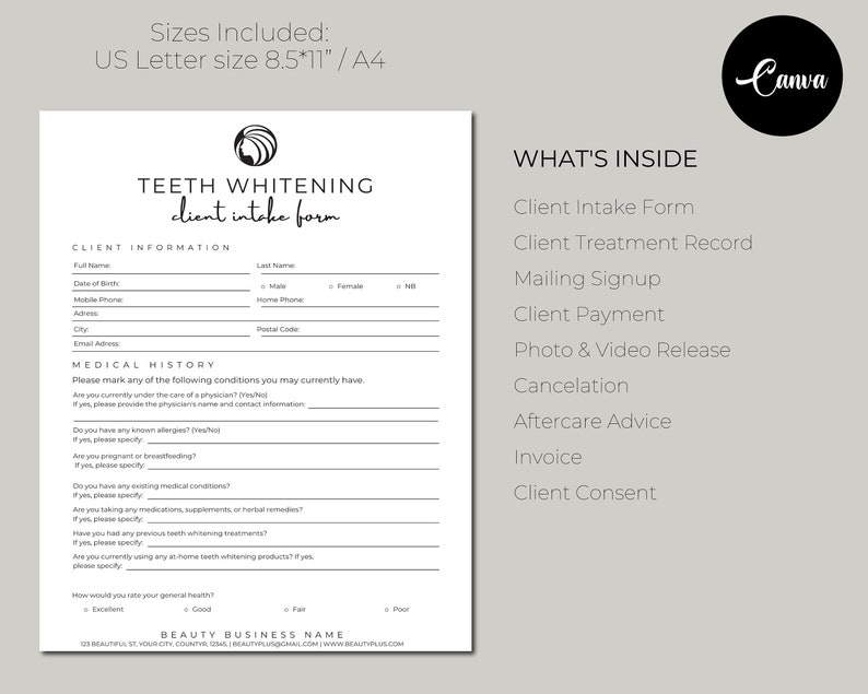 May include: A black and white client intake form for teeth whitening services. The form includes sections for client information, medical history, and a list of services included. The text "TEETH WHITENING client intake form" is at the top of the form.