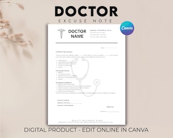 Doctor Excuse Note for Work, Excuse Note Template, Doctor Excuse Letter Form, School Excuse Note, Doctors Note Template, Doctors Note Canva