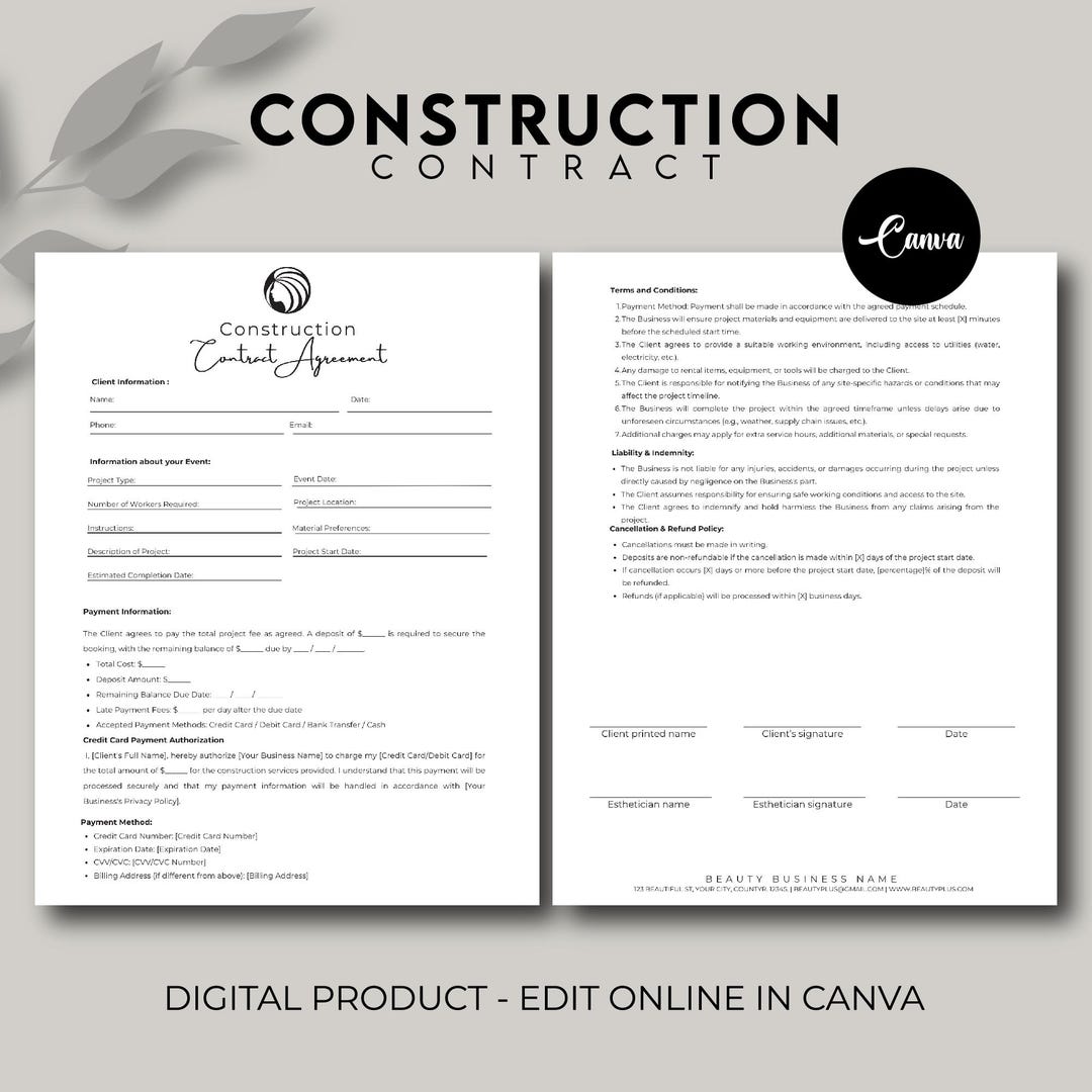 Construction Contract Form, Construction Agreement Template ...