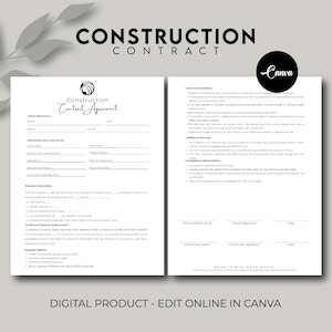 Construction Contract Form, Construction Agreement Template, Construction Contract Template, Contractor Agreement, contractor template