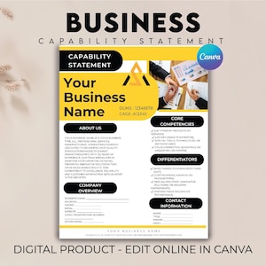 Peut inclure: Modèle numérique de déclaration de capacité commerciale avec un design jaune et noir. Le document comprend des sections pour les informations sur l'entreprise, les compétences de base et les facteurs de différenciation. Le logo Canva est visible.
