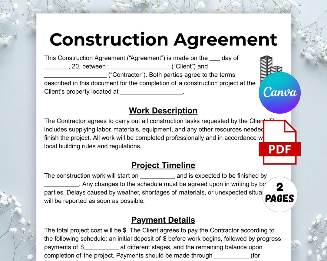 Editable Construction Contract Agreement Template, Single Page ...
