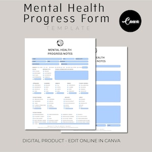 Puede incluir: Dos hojas de papel blancas con un diseño azul y negro. La hoja superior tiene el texto "Mental Health Progress Notes" y un diseño de formulario con varios campos. La hoja inferior tiene un diseño similar. El texto "Digital Product - Edit Online in Canva" está en la parte inferior.