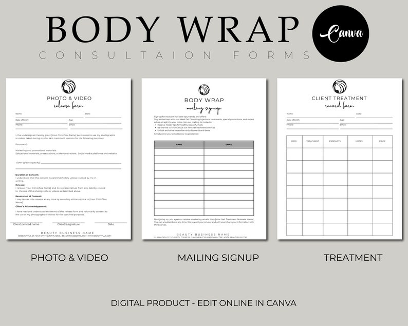 Body Wrap Consent Form, Client Intake Form, Esthetician Body Wrap ...