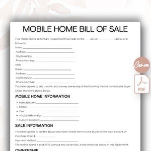 Mobile Home Sale Agreement Template, Manufactured Home Bill of Sale, One Page Mobile Home Bill of Sale Form, Printable Real Estate Sale