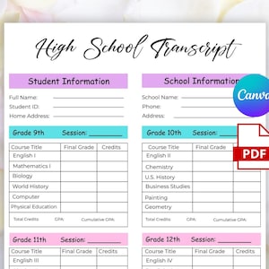 Op de afbeelding: Een afdrukbare middelbare school transcript sjabloon met secties voor student- en schoolinformatie. Bevat velden voor cursustitels, cijfers en credits. Voorzien van een Canva-logo en een PDF-pictogram.