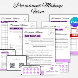 Permanent makeup-formulär, PMU-samtyckesformulär, makeupkonsultation, PMU-klientjournal medgivande för puderbryn, hudvårdsblanketter, läpprouge-formulär