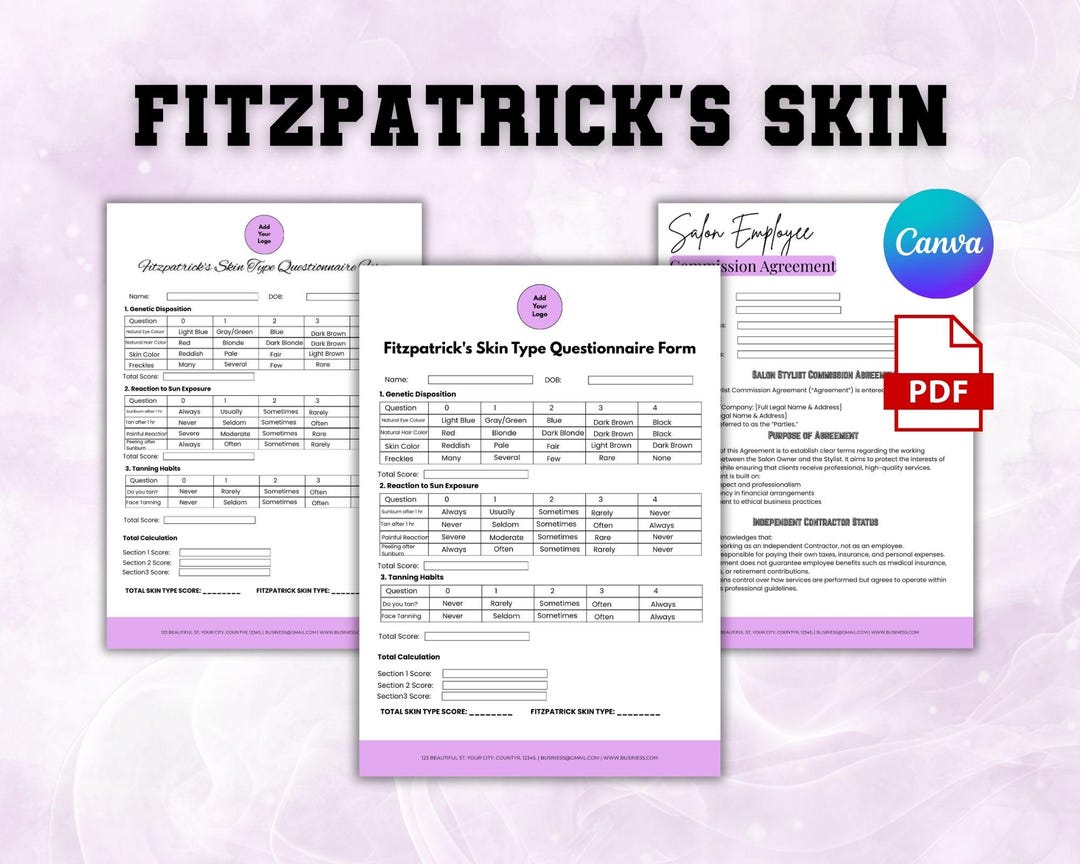 Fitzpatrick's Skin Type Questionnaire Form, Fitzpatrick Scale, Editable ...