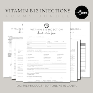 May include: A black and white printable form for a vitamin B12 injection client intake. The form includes sections for client information, medical history, and treatment suitability. The form is titled "Vitamin B12 Injection Client Intake Form".