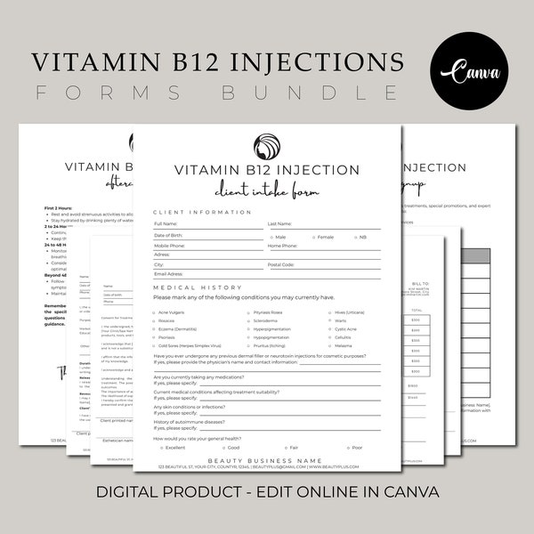 B12-vitamine-injecties, B12-injectietoestemming, bewerkbare spaformulieren, nazorgadvies, injectieformulieren, schoonheidsspecialisteformulieren, huidverzorgingsformulieren