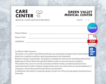 Editable Urgent Care Excuse Letter, Editable Doctor Excuse Note Template, Printable Medical Excuse Note for Work & School, Sick Leave form