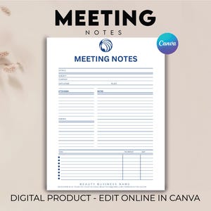Könnte beinhalten: Eine weiße, druckbare Vorlage für Besprechungsnotizen mit blauen Linien und Text. Die Worte "MEETING NOTES" stehen oben in großen schwarzen Buchstaben. Die Vorlage enthält Abschnitte für Details, Teilnehmer, Notizen und Aufgaben. Das Canva-Logo befindet sich oben rechts.