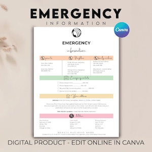 Emergency Information Sheet,  Babysitting Information Sheet, Babysitter Caregiver Notes, Emergency Contact Info Template, Nanny Info Forms
