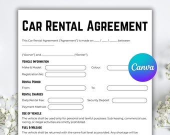 Editable Car Rental Agreement Template, Auto Rental Contract Forms, Vehicle Rental Agreement, Vehicle Lease Contract, Car Rental Contract