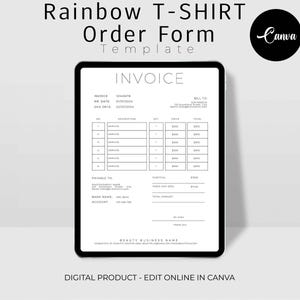 Puede incluir: Una plantilla de factura digital para un formulario de pedido de camiseta arco&iacute;ris. La plantilla est&aacute; dise&ntilde;ada para ser editada en l&iacute;nea en Canva. La factura incluye campos para el n&uacute;mero de factura, la fecha, la fecha de vencimiento, el destinatario, la descripci&oacute;n, la cantidad, el precio, el total, el beneficiario, el nombre del banco y el n&uacute;mero de cuenta.