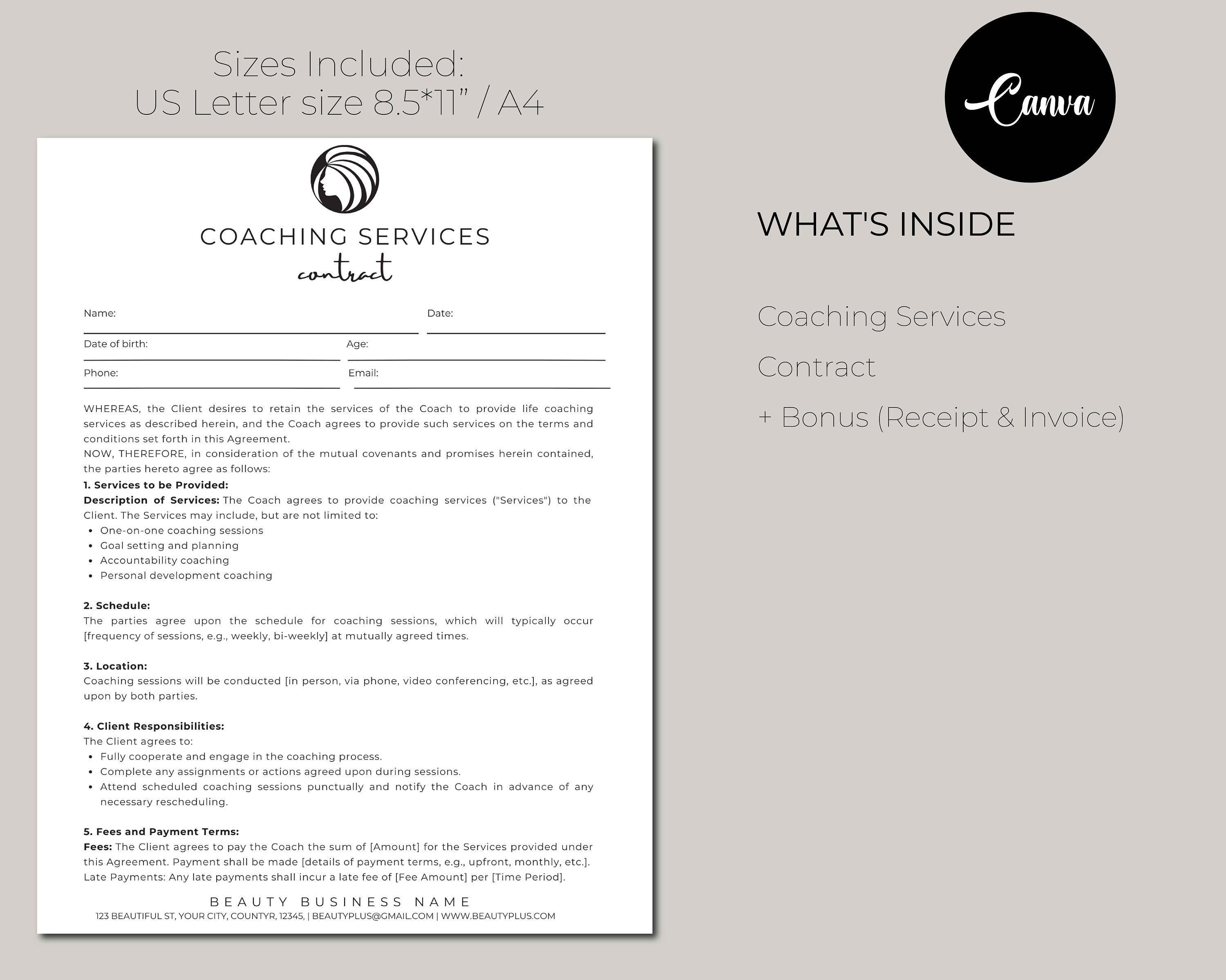 Coaching Services Contract Template, Editable Forms for Coaching ...