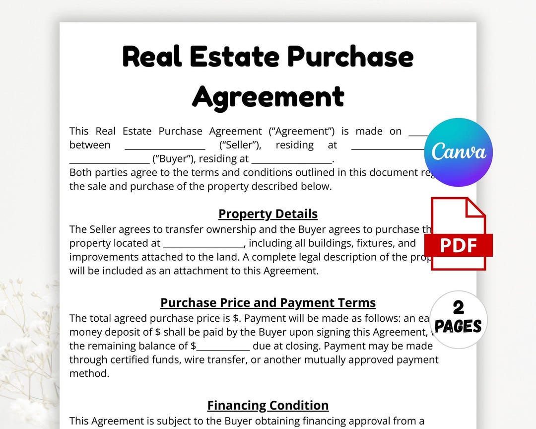Single Purchase One Page Real Estate Purchase Contract, Property Sale Agreement ...