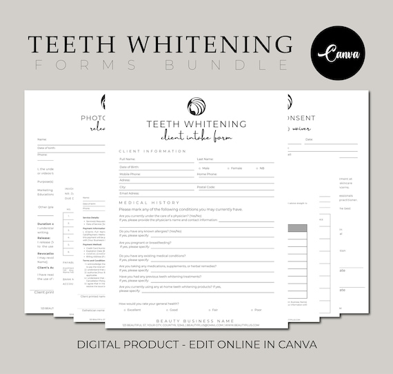 Teeth Whitening Forms bundle - Editable Templates!, Teeth Whitening Waiver Form, Esthetician Forms, Client Intake, Business Forms, Dental.
