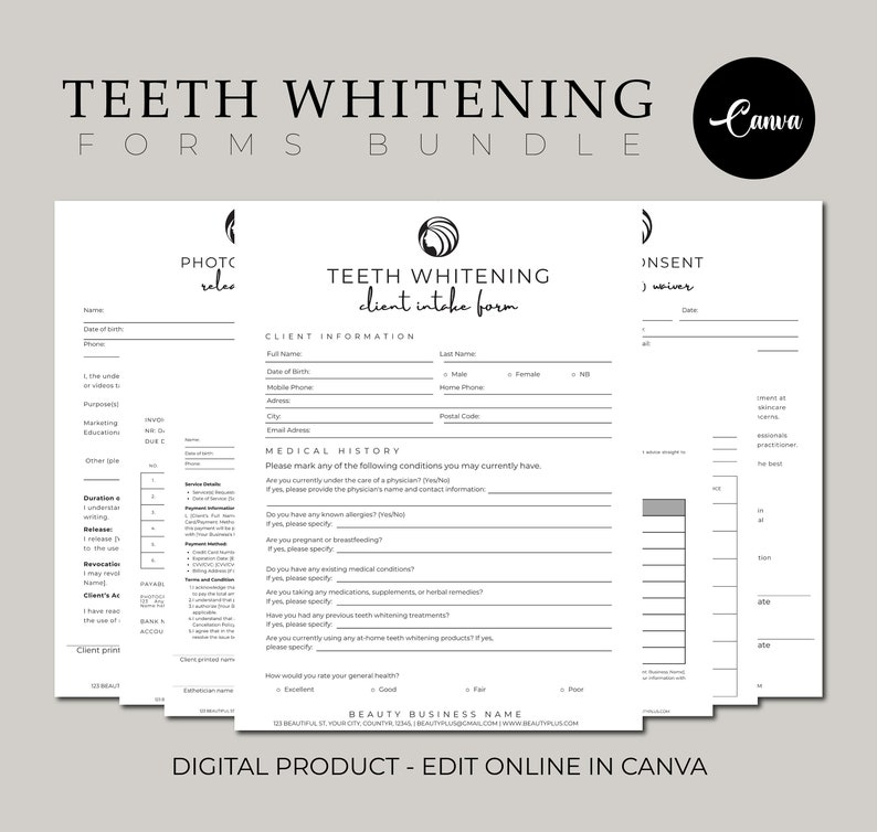 May include: A black and white printable teeth whitening client intake form with sections for client information, medical history, and consent. The form is designed to be edited online in Canva.