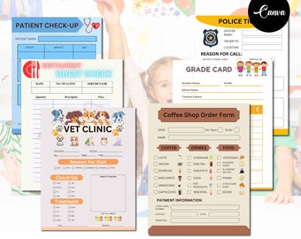 Paquete de descarga digital de juguetes Playtime, hojas de juego de simulación para niños, juego de rol de imaginación, juego dramático imprimible, veterinario, médico, café