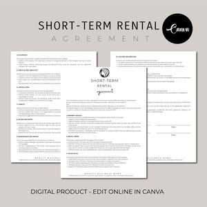 Short term Rental Agreement, Short term Rental Template, Vacation Rental agreements, Short term rental contract lease, Canva Templates