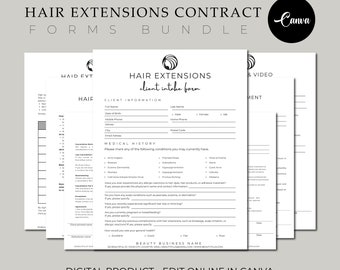 Contrato de extensiones de cabello EDITABLE, Tarjeta de cuidado posterior de extensiones de cabello, Formulario de consulta de extensiones de cabello, Acuerdo de extensión de cabello, CANVA