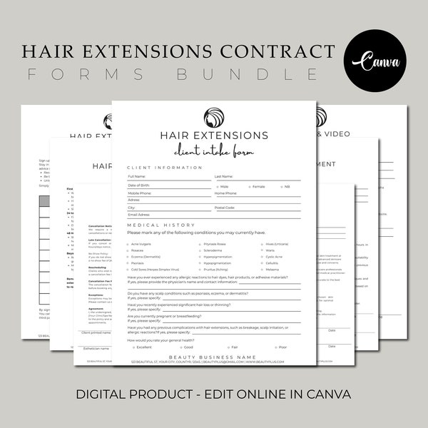 EDITABLE Hair Extensions Contract, Hair Extensions After Care Card, Hair Extensions Consultation Form, Hair Extension Agreement, CANVA