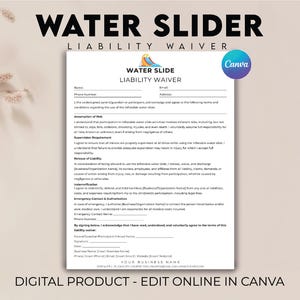 Könnte beinhalten: Eine digitale Haftungsverzichtsvorlage für Wasserrutschen mit dem Text "WATER SLIDER LIABILITY WAIVER" in großen schwarzen Buchstaben. Das Dokument enthält Abschnitte für Name, Telefon und Unterschrift.