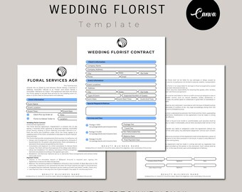 May include: Editable wedding florist contract template in blue and white with the text "Wedding Florist Contract" and "Floral Services Agreement" on a light gray background. The template includes sections for client information, event information, services and fees, and payment details. The text "BEAUTY BUSINESS NAME" is at the bottom of the template.