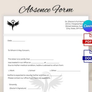 May include: A white "Absence Form" with a decorative logo and the text "Absence Form". The form includes fields for date, medical information, and doctor's signature. Includes PDF and DOC file icons.