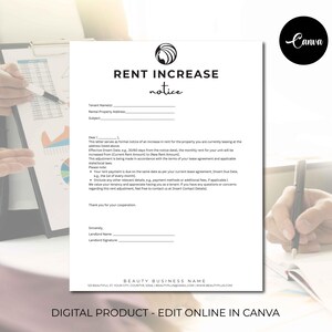 Aviso de aumento de alquiler editable, formulario de aumento de alquiler, carta de aumento de alquiler, aviso de alquiler editable, aviso para inquilinos, plantillas de Canva