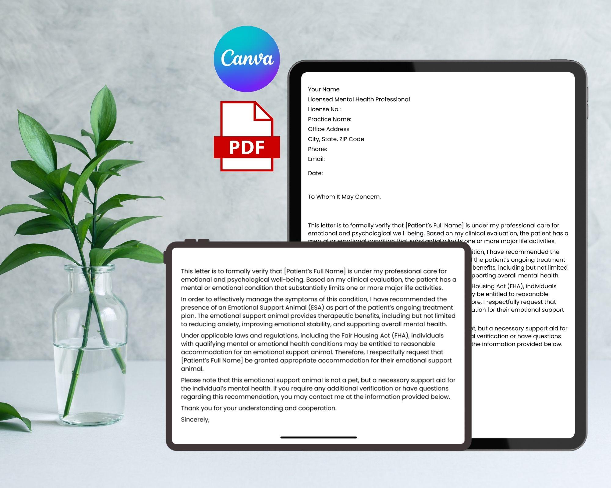 Editable Emotional Support Animal Letter, ESA Housing & Travel ...