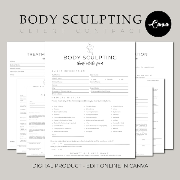 Body Sculpting Intake Forms, Esthetician Templates, Body Contouring Consultation & Consent, Body Shaping Treatment, Editable Canva Template