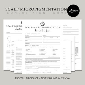 Modèle de formulaire de consentement pour la micropigmentation du cuir chevelu, formulaire de consentement PMU, formulaire modifiable d'admission pour la micropigmentation du cuir chevelu, formulaire PMU Canva, modifiable