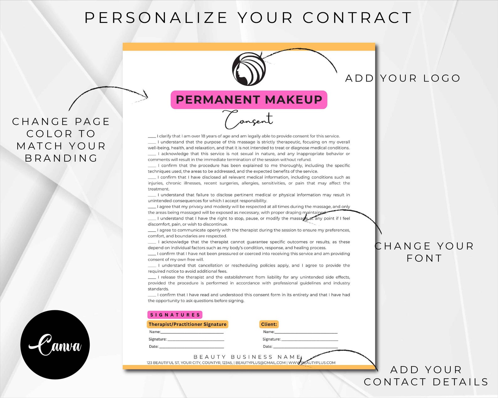 Editable PMU Consent Form Template, Permanent Makeup Forms, PMU Client ...