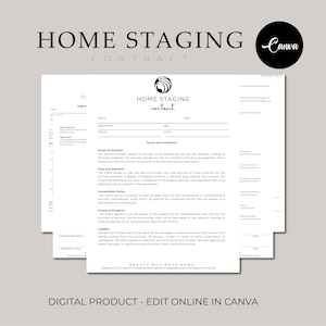 May include: A home staging contract template with the text "HOME STAGING CONTRACT" at the top. The document includes sections for terms, conditions, and client information. The Canva logo is in the upper right corner. The bottom of the image reads "DIGITAL PRODUCT - EDIT ONLINE IN CANVA".