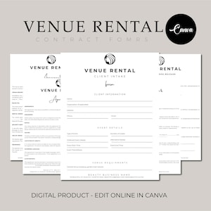 Könnte beinhalten: Drei schwarz-weiße druckbare Formulare für die Anmietung von Räumen. Die Formulare sind mit "Mietvertrag für Räumlichkeiten", "Kundenaufnahmeformular für die Anmietung von Räumlichkeiten" und "Mietvertrag für die Freigabe" betitelt.